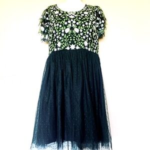 Jessakae Black Green & White Embroidered Floral Smocked Dotted Tulle Dress.